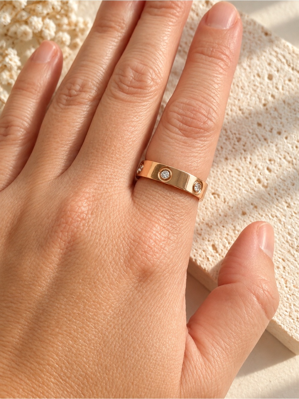 Rose Gold Plated Band Ring with CZ Accents size 6
